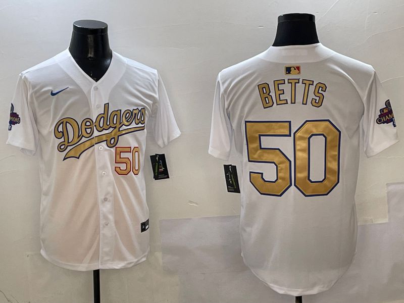 Men Los Angeles Dodgers 50 Betts White Champion gold character 2025 Nike MLB Jersey style 1